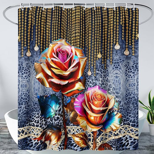 AILONEN Gold Rose Shower Curtain for Bathroom- Romantic Floral Shower Curtain -Polyester Fabric Waterproof Decoration- Plants Blue Black Leopard Flowers Bath Shower Curtains Washable, 48" W x 72" H