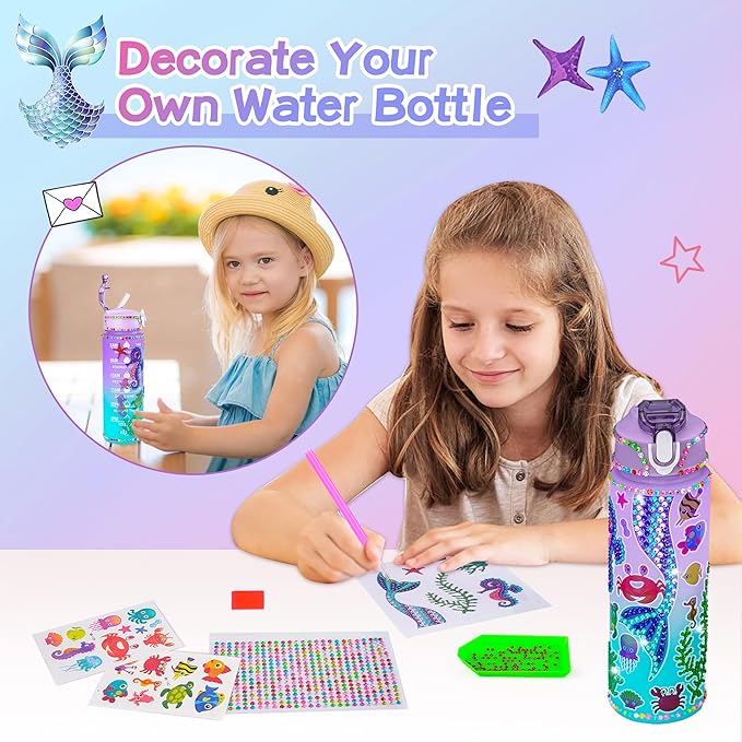 Cherry Tale Mermaid Gifts for Girls Age 5 6 7 8 9 10, Girls Mermaid Birthday Gifts Set with Light Up Star Pillow Diary Plush DIY Water Bottle Kits Christmas Presents Toys