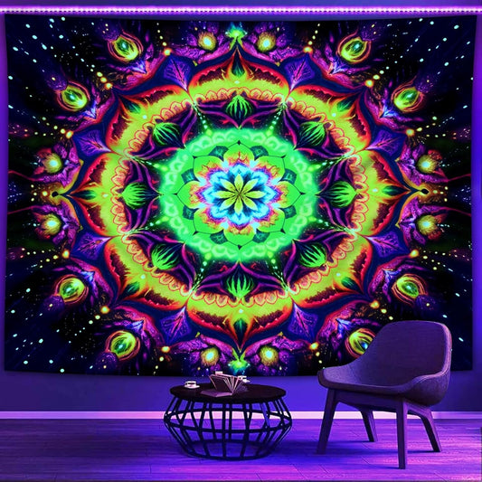 Blacklight Mandala Tapestry for Bedroom, Psychedelic Flower Black Light Posters for Adults and Teens, UV Reactive Aesthetic Bohemian Art Wall Hanging Decor Golden and Green (80 x 60 Inches)