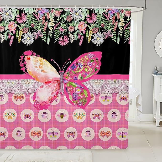 Feelyou Butterfly Shower Curtain 72"x72" Botanical Floral Flower Printed Bathroom Shower Curtain Set for Boys Girls Teens Black Pink Bath Curtain Garden Animal Natural Theme Bathroom Accessories
