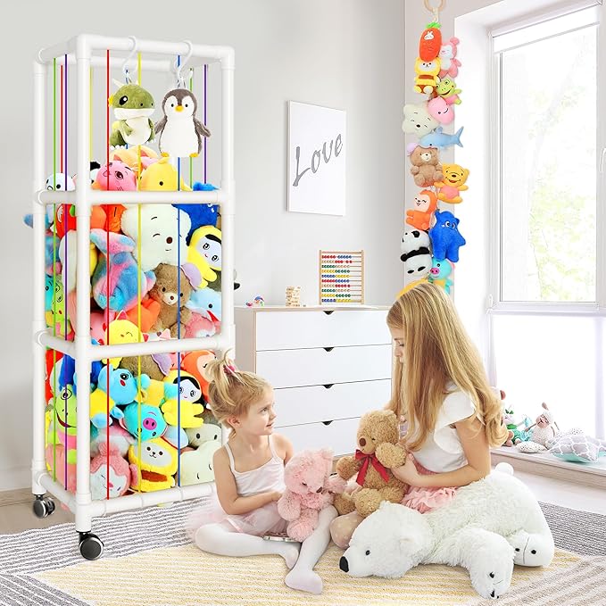 Stuffed Animal Storage with Hanging Chain, 2 in 1 Movable Stuffed Animal Zoo, Large Capacity Stuff Animal Toy Storage Organizer Holder for Nursery Playroom Bedroom Kid Room (White)