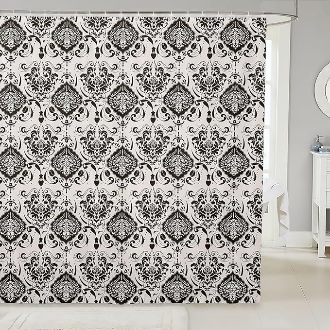 Feelyou Damask Pattern Shower Curtain 72"x72" Kids Vintage Floral Bathroom Shower Curtain Set for Boys Girls Teens Black White Luxury Bath Curtain Baroque Style Bathroom Accessories