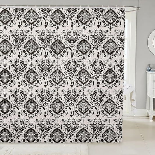 Feelyou Damask Pattern Shower Curtain 72"x78" Kids Vintage Floral Bathroom Shower Curtain Set for Boys Girls Teens Black White Luxury Bath Curtain Baroque Style Bathroom Accessories