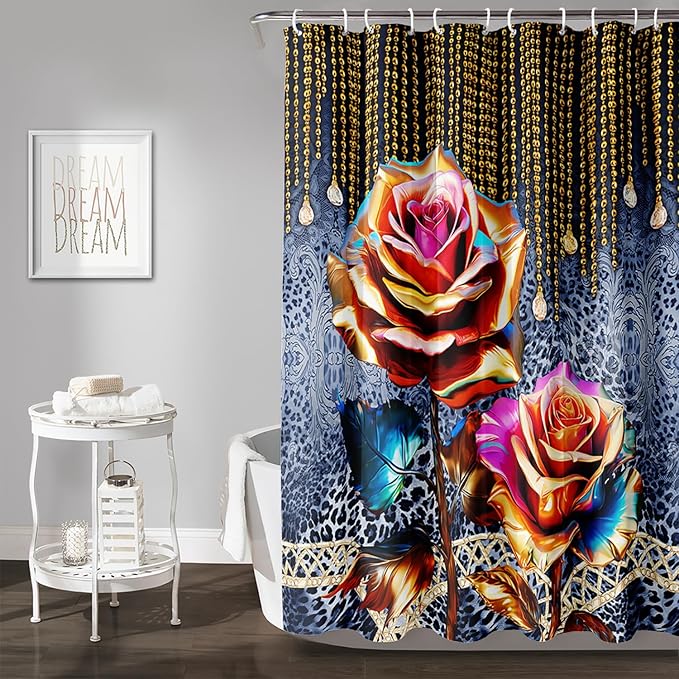 AILONEN Gold Rose Shower Curtain for Bathroom- Romantic Floral Shower Curtain -Polyester Fabric Waterproof Decoration- Plants Blue Black Leopard Flowers Bath Shower Curtains Washable, 72" W x 78" H
