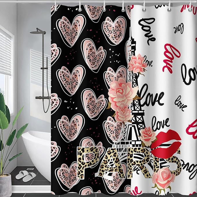 AILONEN Heart Love Shower Curtain for Bathroom, Black and White Eiffel Tower Print Bath Curtain,Pink Hearts Girls Women Shower Curtain Decoration Waterproof with 12 Plastic Hooks, 36" W*72" H