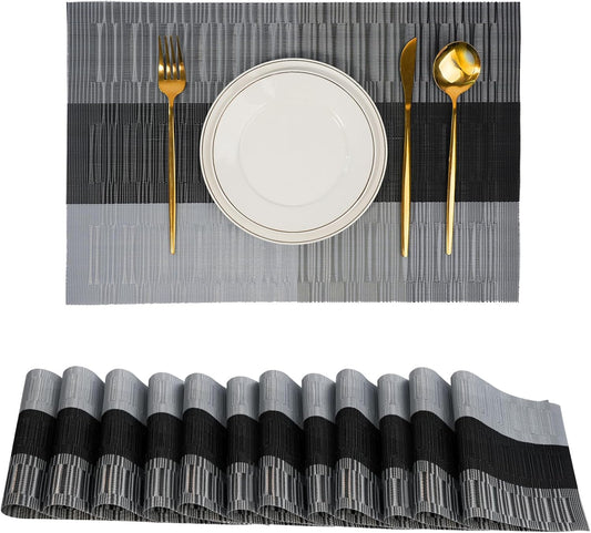 Placemats Set of 12，Non-Slip PVC Weave Table Mats Easy to Clean，Heat Resistant Place Mats for Kitchen Dining Table Decoration Indoor Outdoor，Black Gray