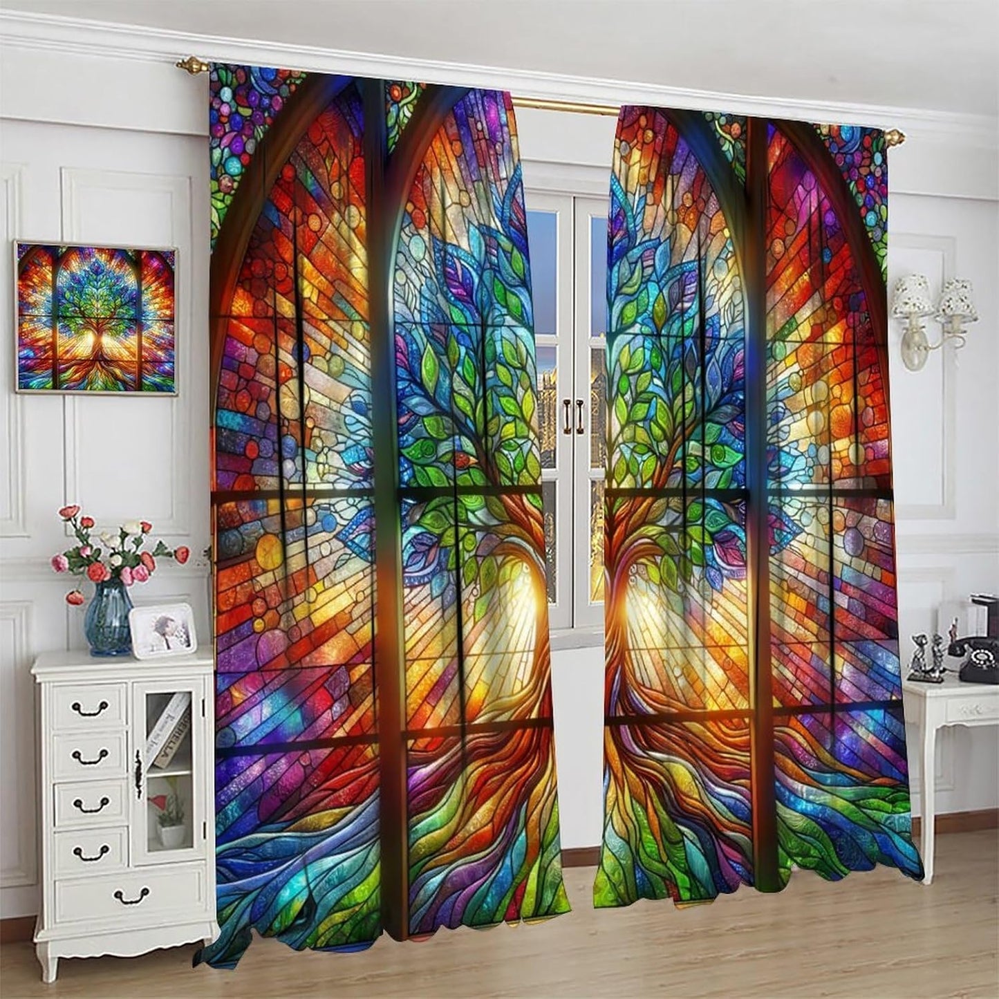 Stained Glass Curtains,Tree of Life Colorful Abstract Art Home Decor Drapes for Bedroom Living Room Kitchen Window Treatment 2 Panels Set Total Size 72" W X 63" L Inch