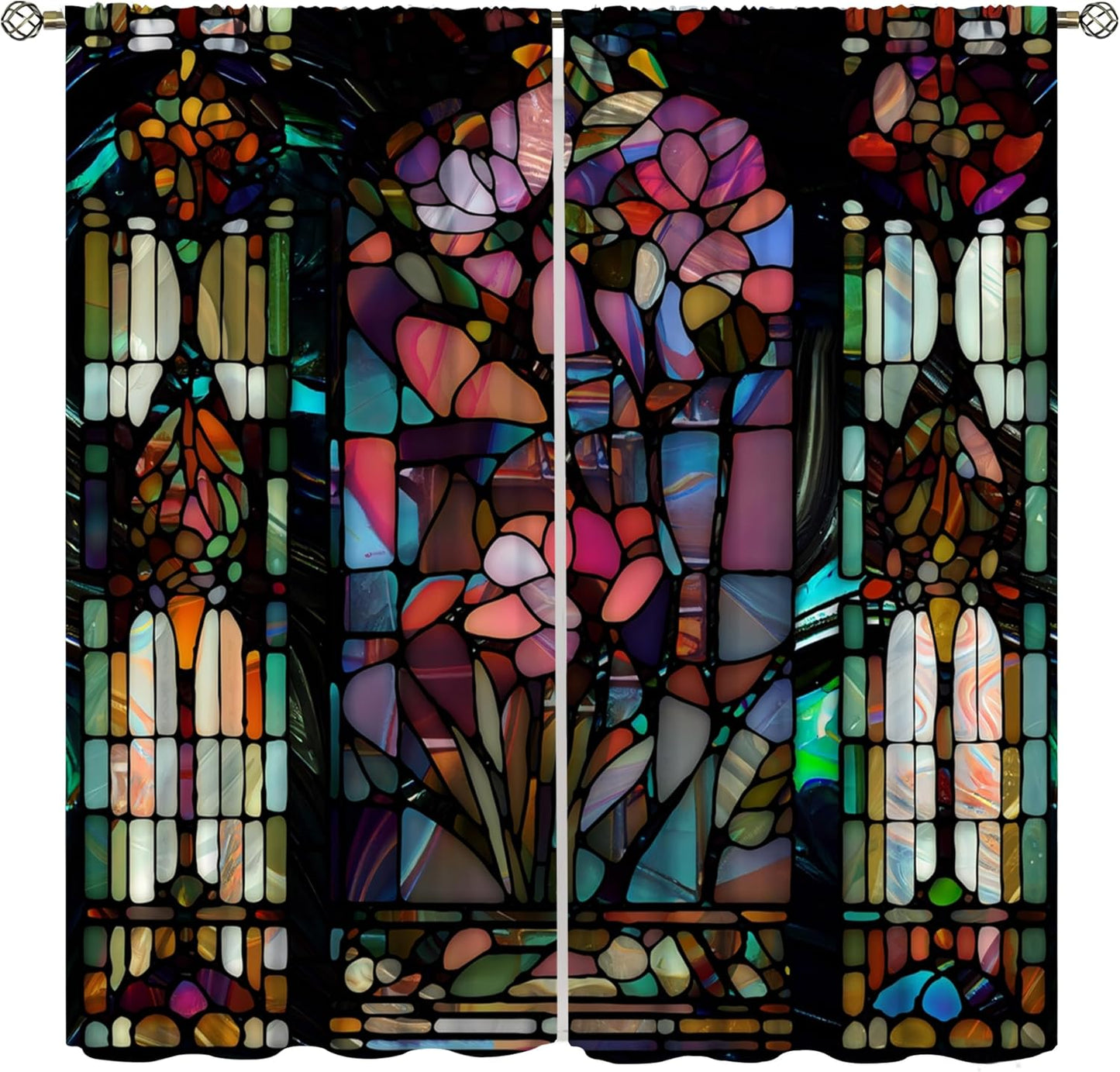 Stained Glass Curtains,Vintage Colorful Abstract Art Home Decor Drapes for Bedroom Living Room Kitchen Window Treatment 2 Panels Set Total Size 72" W X 63" L Inch