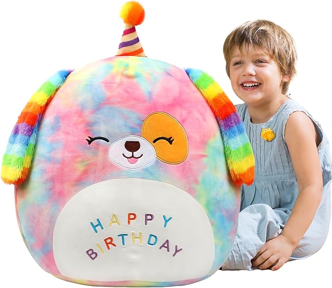 Easfan 20’’ Jumbo Rainbow Birthday Dog Giant Plush Pillow Soft Puppy Plush Toy Cute Dog Stuffed Animal Birthday Gifts for Kids Toddlers