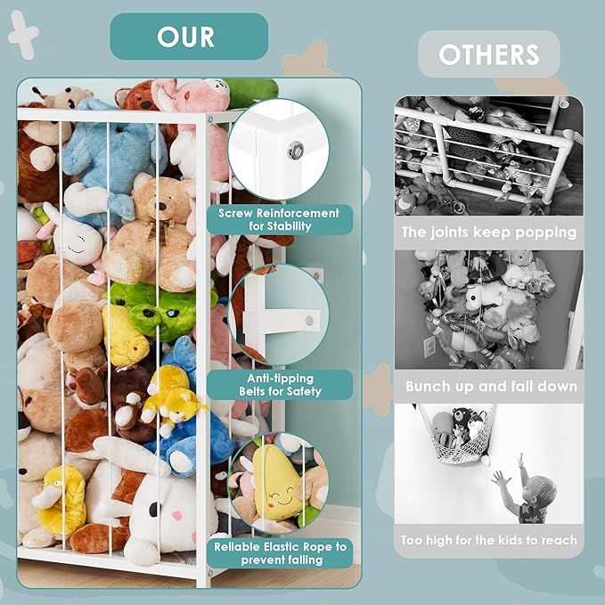 Stuffed Animal Storage, Metal Toy Storage Organizer Shelf with Kids Bookshelf, Sturdy Plushie Toys Holder Bin Multipurpose Toys Book Rack Zoo Cage for Kids Room, Nursery, PlayRoom, Birthday, White