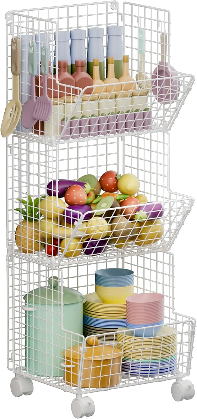 Sonyabecca Toy Organizer Basket Shelf with Wheel, S-Hooks, Rolling Cart Hanging Storage Baskets for Child Room, Playroom, Bedroom, Kitchen (White)