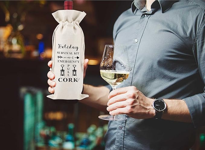 Holiday Survival Kit In Case of Emergency Pull Cork Wine Bag,Wine Bags For Mum,Favor Bag,Survival bag,Holiday Recovery Hangover Gift Bag,Goody Bag,Party Favor Bag,Reusable Wine Bag With Drawstring,L44