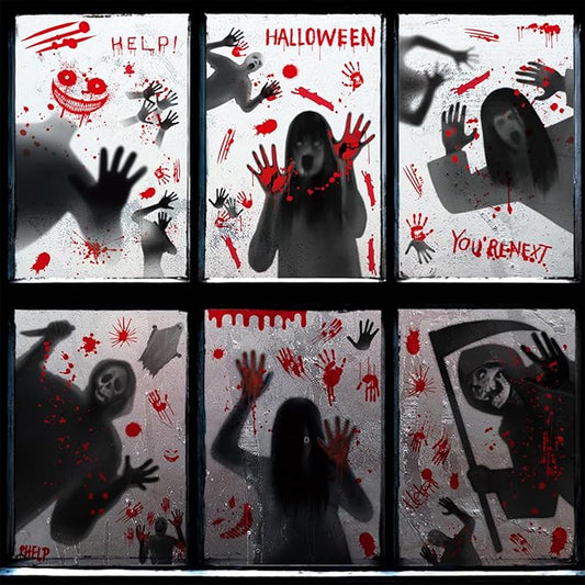 Horror Halloween Window Stickers Skull Devil Bloody Handprints Female Ghost Window Clings for Glass Grim Reaper Window Decals for School Home Office Party Supplies Window Decoration