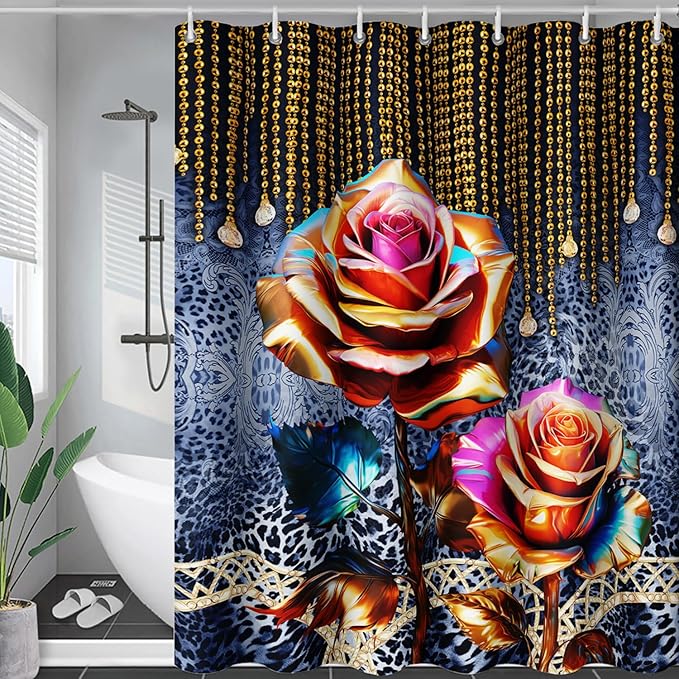 AILONEN Gold Rose Shower Curtain for Bathroom- Romantic Floral Shower Curtain -Polyester Fabric Waterproof Decoration- Plants Blue Black Leopard Flowers Bath Shower Curtains Washable, 72" W x 72" H