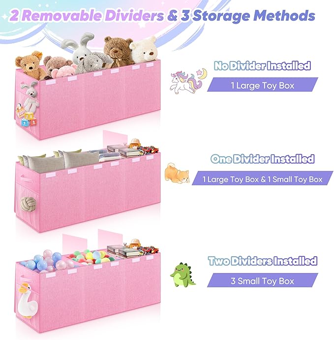 Extra Large Toy Box, Toy Box for Kids Boys Girls, Collapsible Sturdy Toy Storage Organizer with Mesh Pockets, 41"x14"x16" Kids Toy Chest Boxes Bins Baskets for Nursery, Playroom, Pink