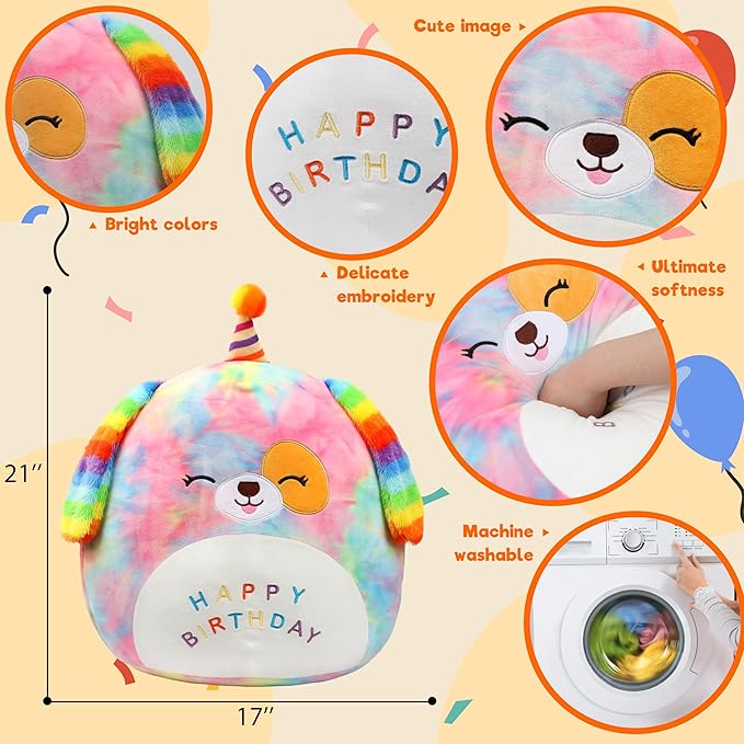 Easfan 20’’ Jumbo Rainbow Birthday Dog Giant Plush Pillow Soft Puppy Plush Toy Cute Dog Stuffed Animal Birthday Gifts for Kids Toddlers