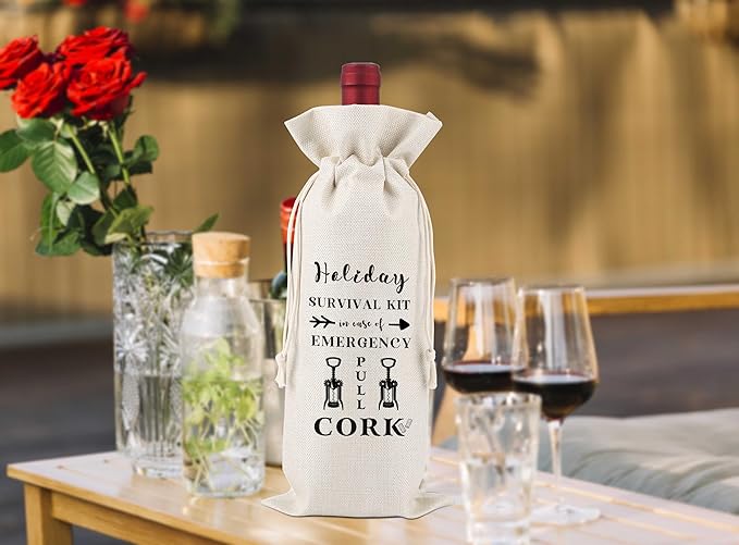 Holiday Survival Kit In Case of Emergency Pull Cork Wine Bag,Wine Bags For Mum,Favor Bag,Survival bag,Holiday Recovery Hangover Gift Bag,Goody Bag,Party Favor Bag,Reusable Wine Bag With Drawstring,L44