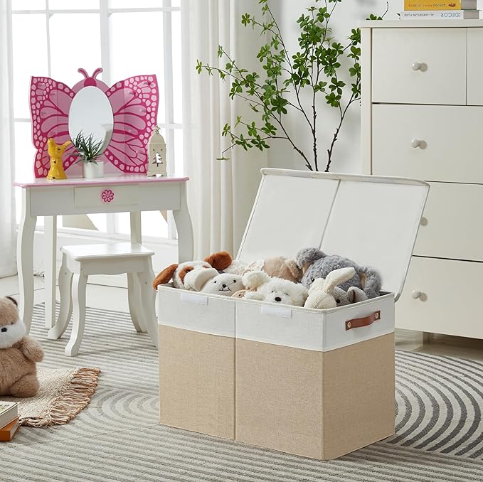 Large Toy Storage Box with Lids, Collapsible Sturdy Baby Storage Organizer Chest Bin Basket for Kids, Boys, Girls, Playroom, Nursery, Bedroom, Closet 25"x13"x16" (Beige and White)