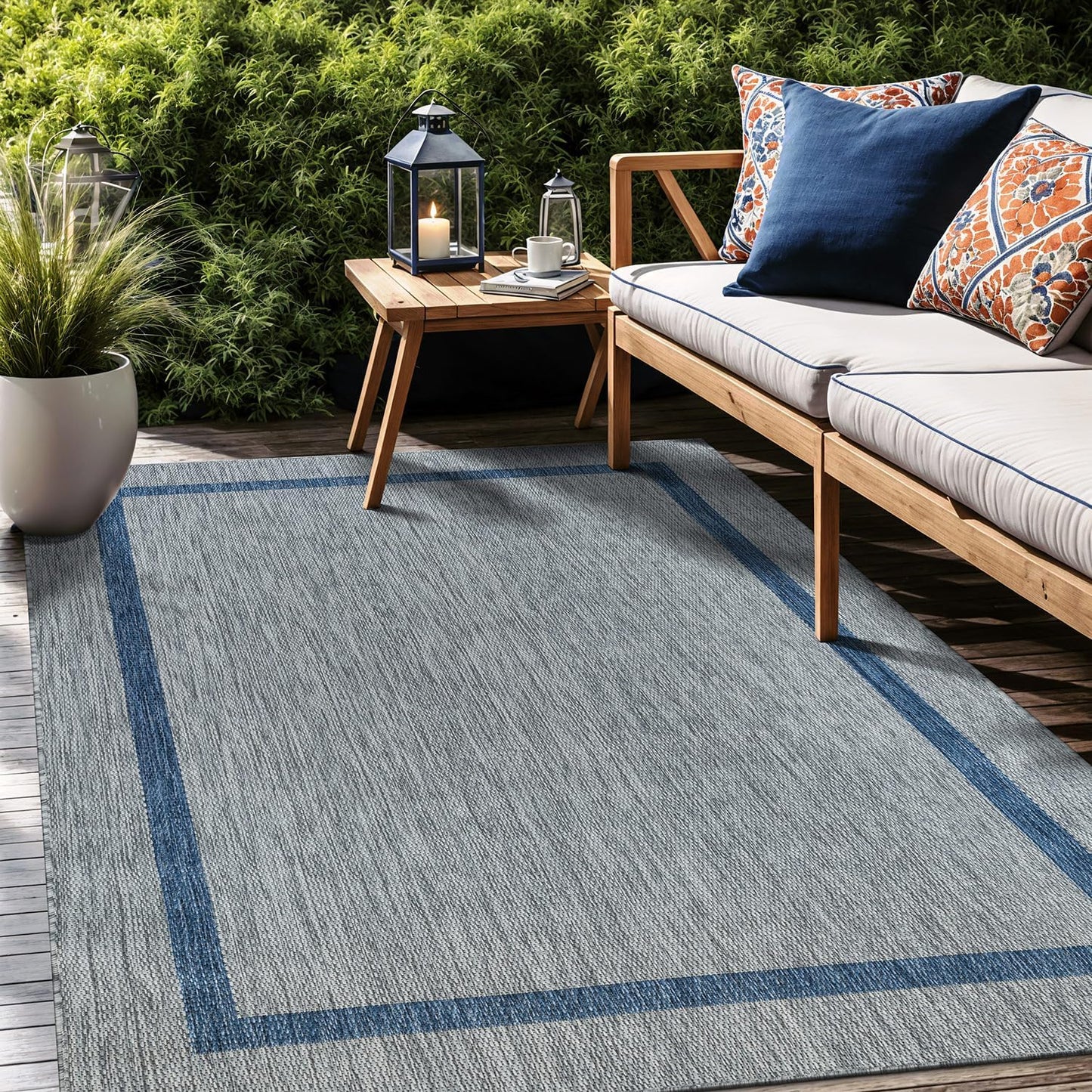 Bordered Outdoor Rug 9x12 Washable Outside Carpet for Indoor Patio Porch Waterproof Easy Cleaning Non Shedding Area Rugs Silver Gray - Blue 9 x 12