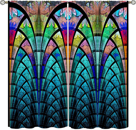 Stained Glass Curtains,Retro Design Style Colorful Abstract Art Home Decor Drapes for Bedroom Living Room Kitchen Window Treatment 2 Panels Set Total Size 63" W X 63" L Inch