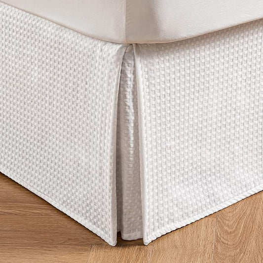 MIYE Pleated Waffle Weave Bed Skirt, Tailored Dust Ruffle 14 Inch Drop Easy Fit, Machine Washable (White, King - 14" Drop)